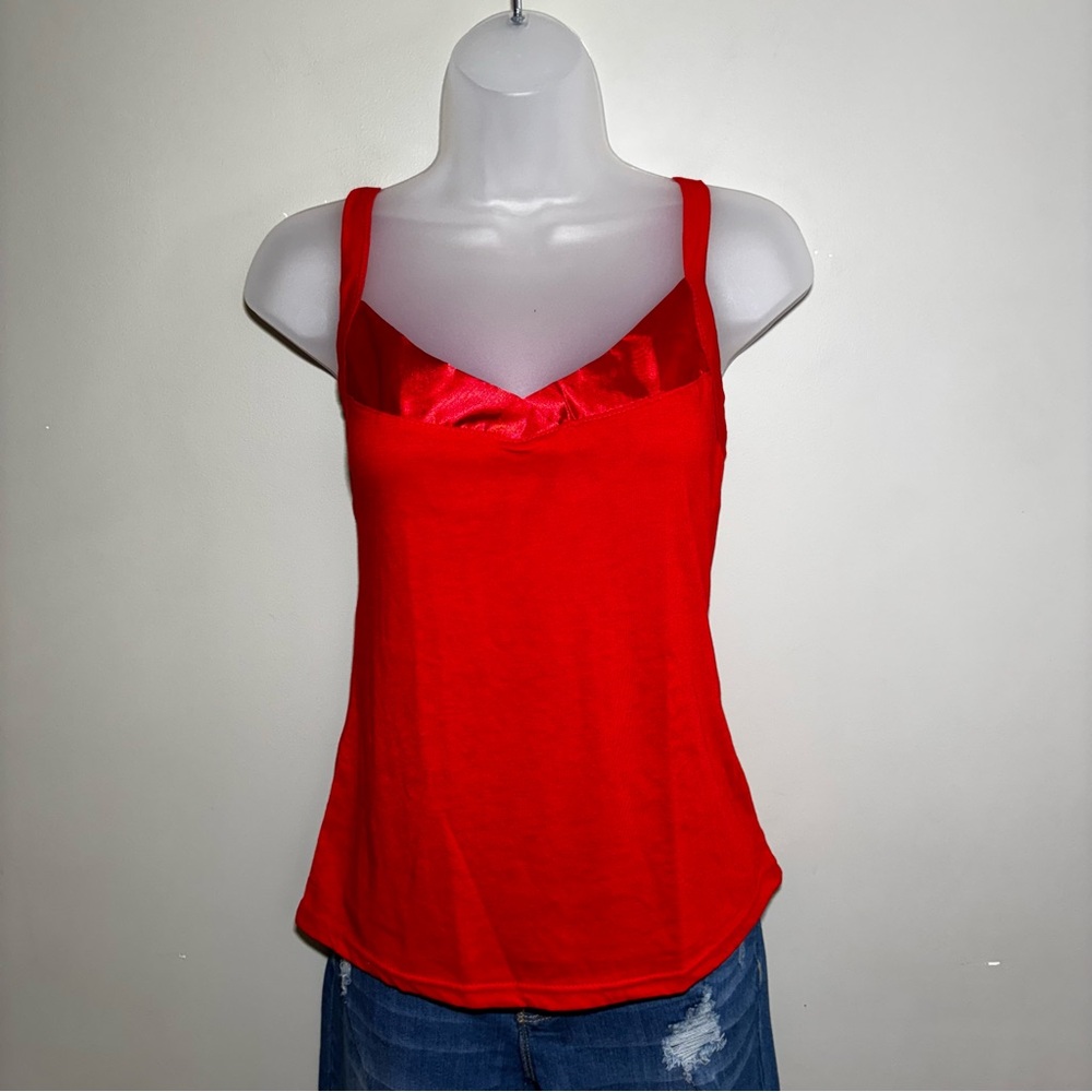Red Satin Trim Cami Top Women Sleeveless Y2K Going Out Date Night Tank S/P